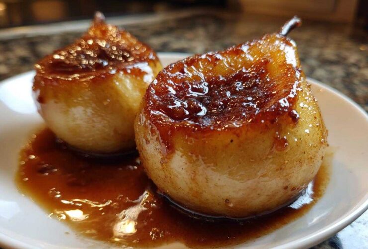 Close-up of two perfectly caramelized baked pears sitting in a rich, glossy brown sauce on a white plate.