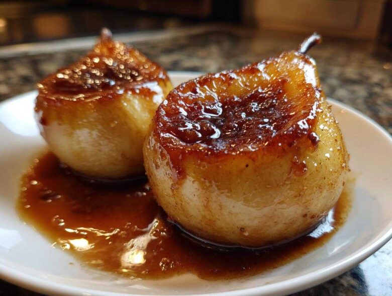 Close-up of two perfectly caramelized baked pears sitting in a rich, glossy brown sauce on a white plate.