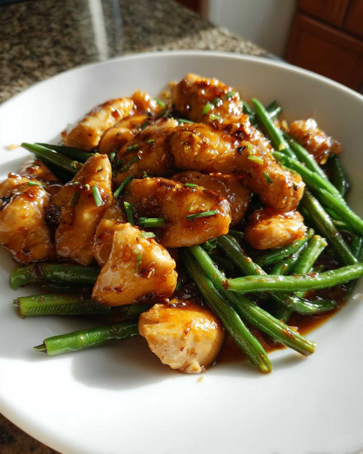 Close-up of glazed chicken pieces served over vibrant green beans in a white bowl, featuring chicken and green beans.
