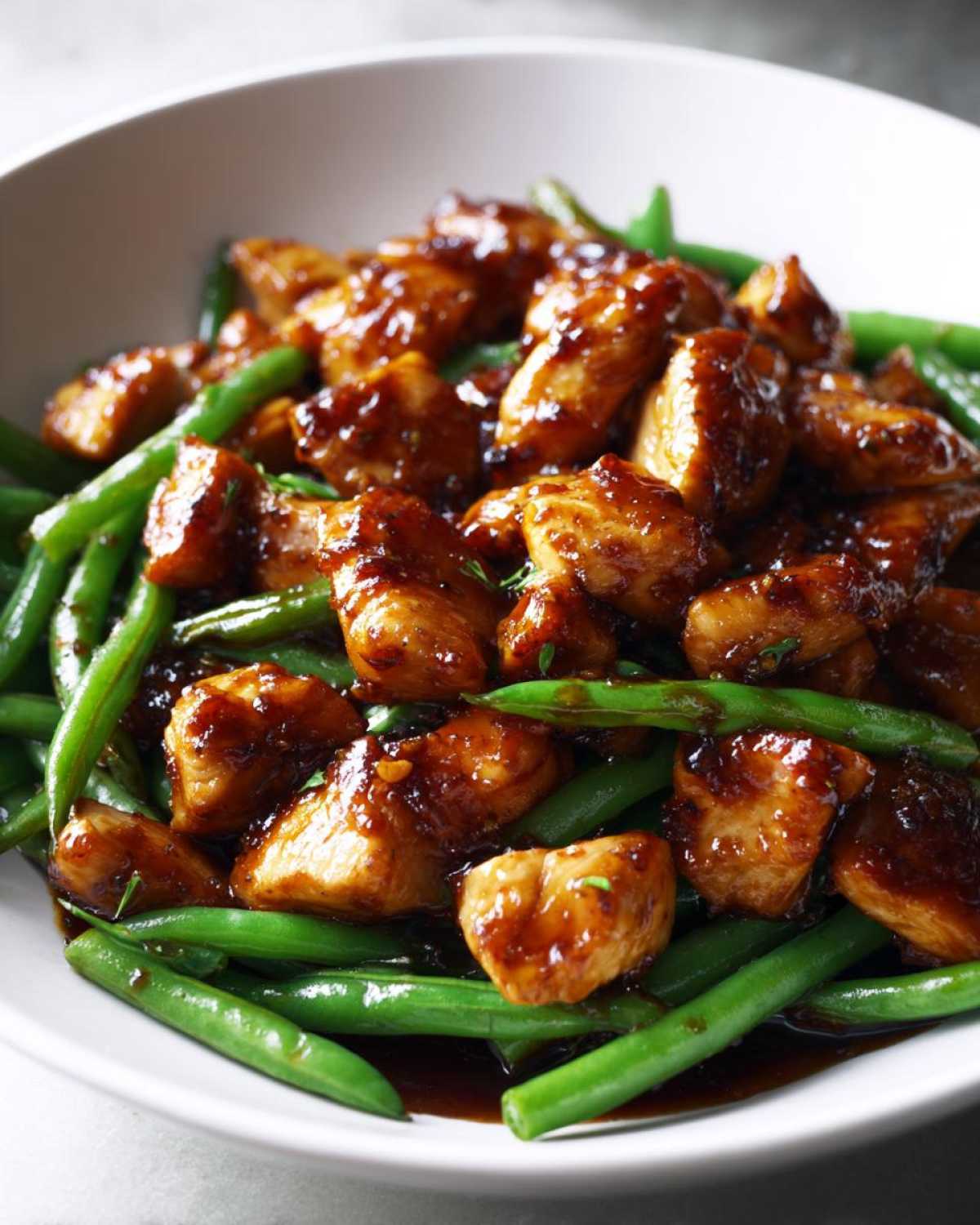 Close-up of glazed chicken pieces mixed with bright green beans, a delicious chicken and green beans dish.