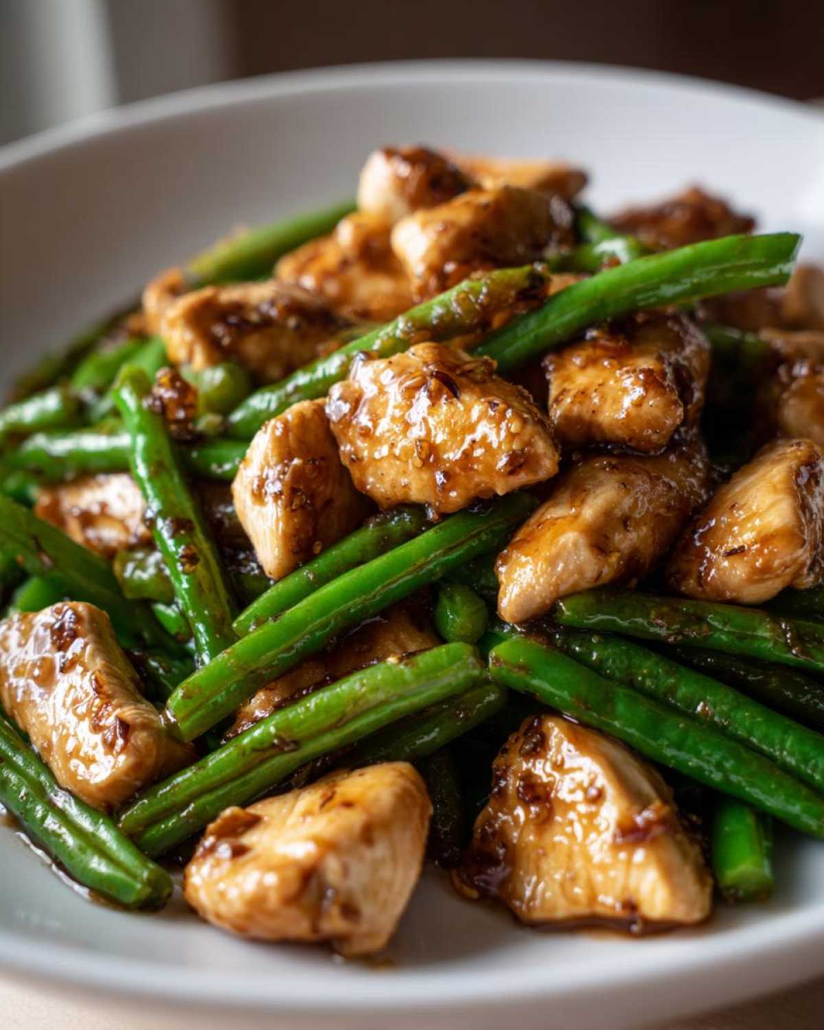 Close-up of bite-sized pieces of glazed chicken mixed with bright green beans, a perfect chicken and green beans meal.