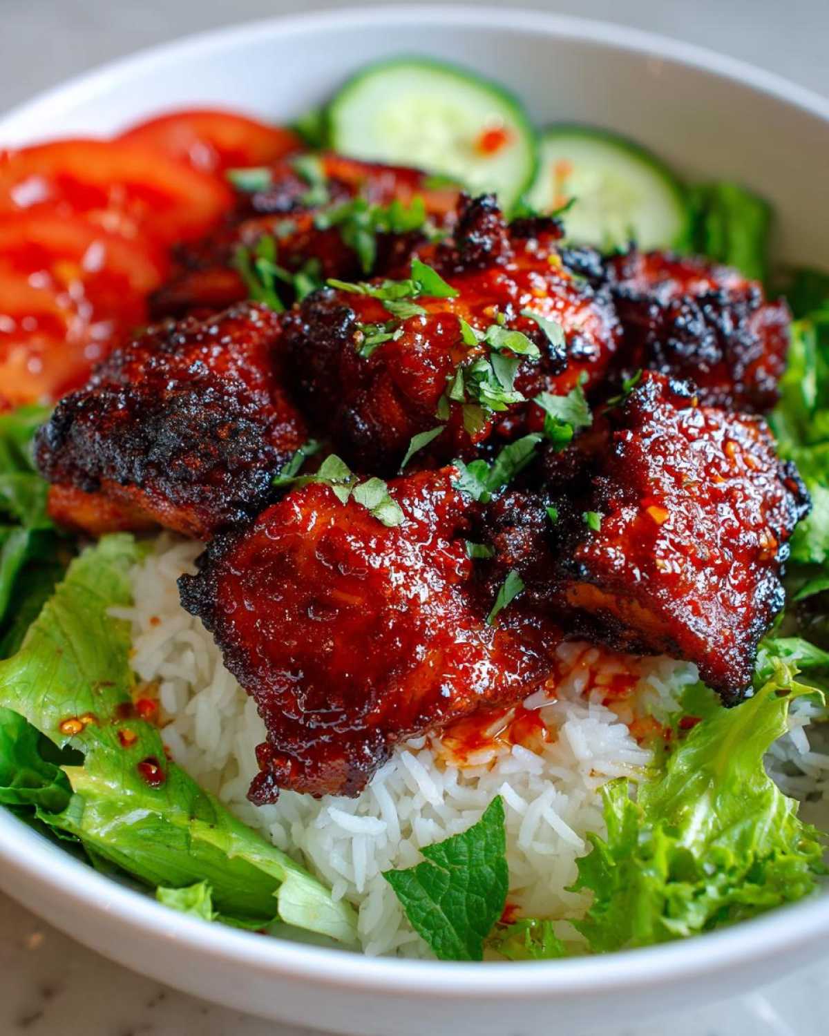 Close-up of a bowl featuring glazed harissa chicken pieces served over white rice with fresh lettuce, sliced tomatoes, and cucumbers.