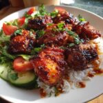 Close-up of a bowl featuring glazed harissa chicken pieces served over white rice with fresh salad greens, cucumber, and tomato.