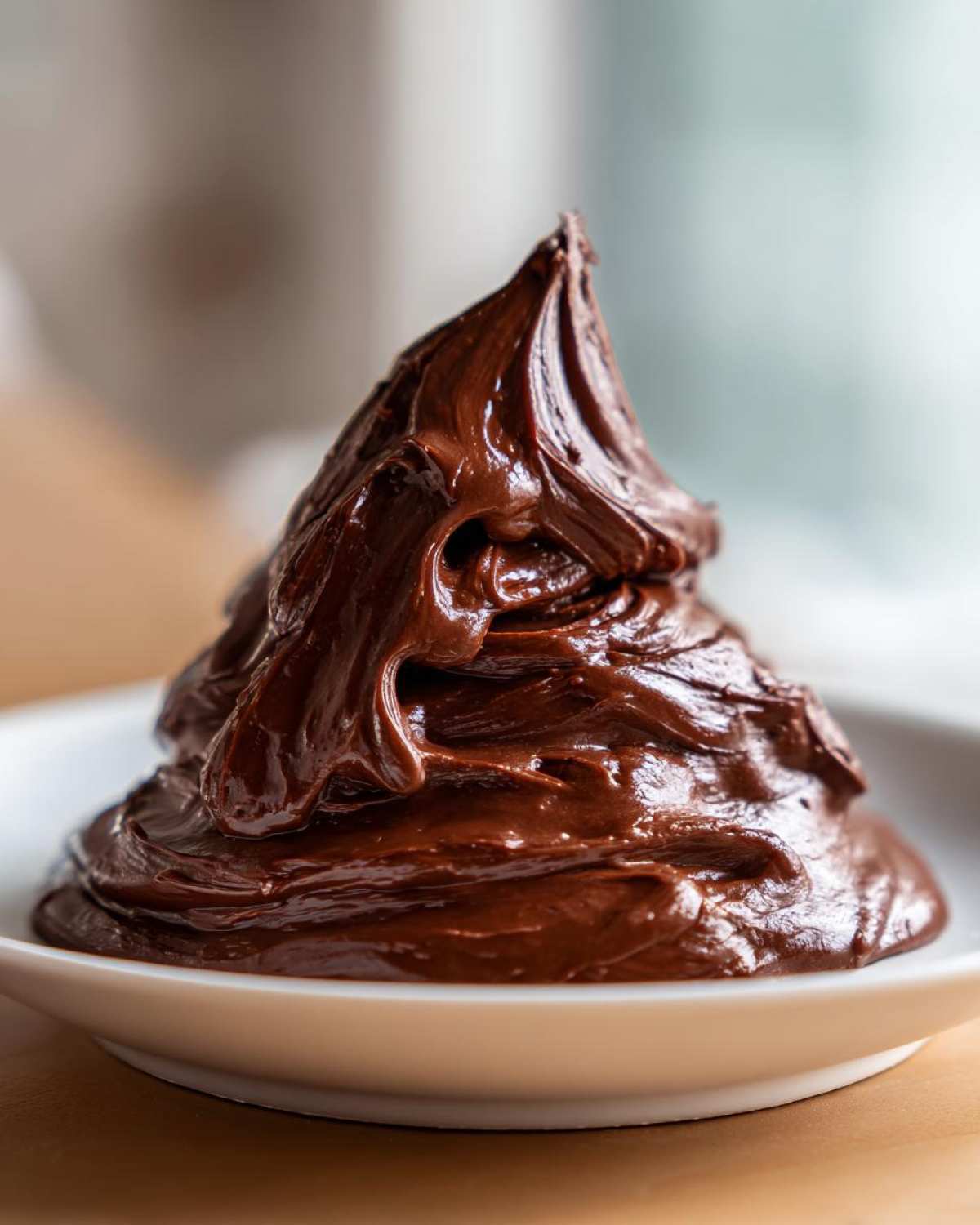 A close-up of a glossy, dark mound of freshly made chocolate frosting sitting on a white plate.
