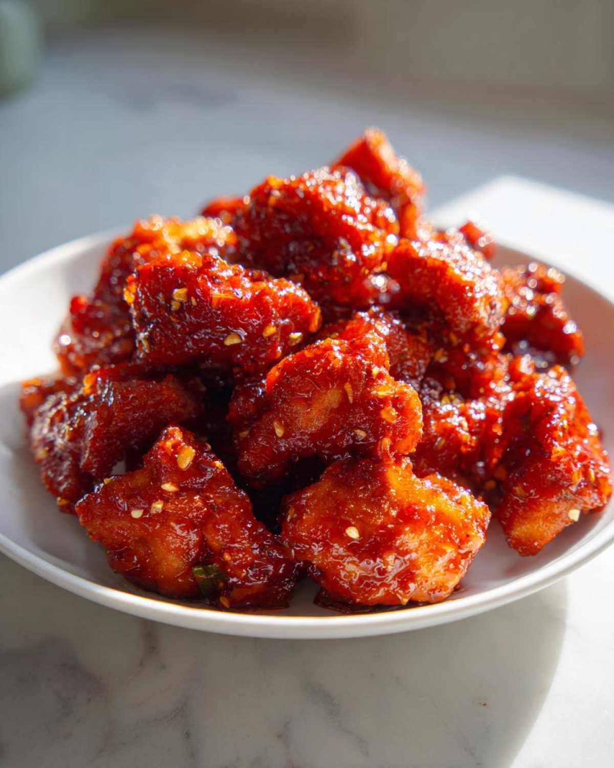 Close-up of crispy, glazed gochujang chicken pieces piled high on a white plate.