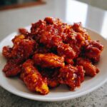 A plate piled high with crispy, saucy gochujang chicken pieces sprinkled with sesame seeds.