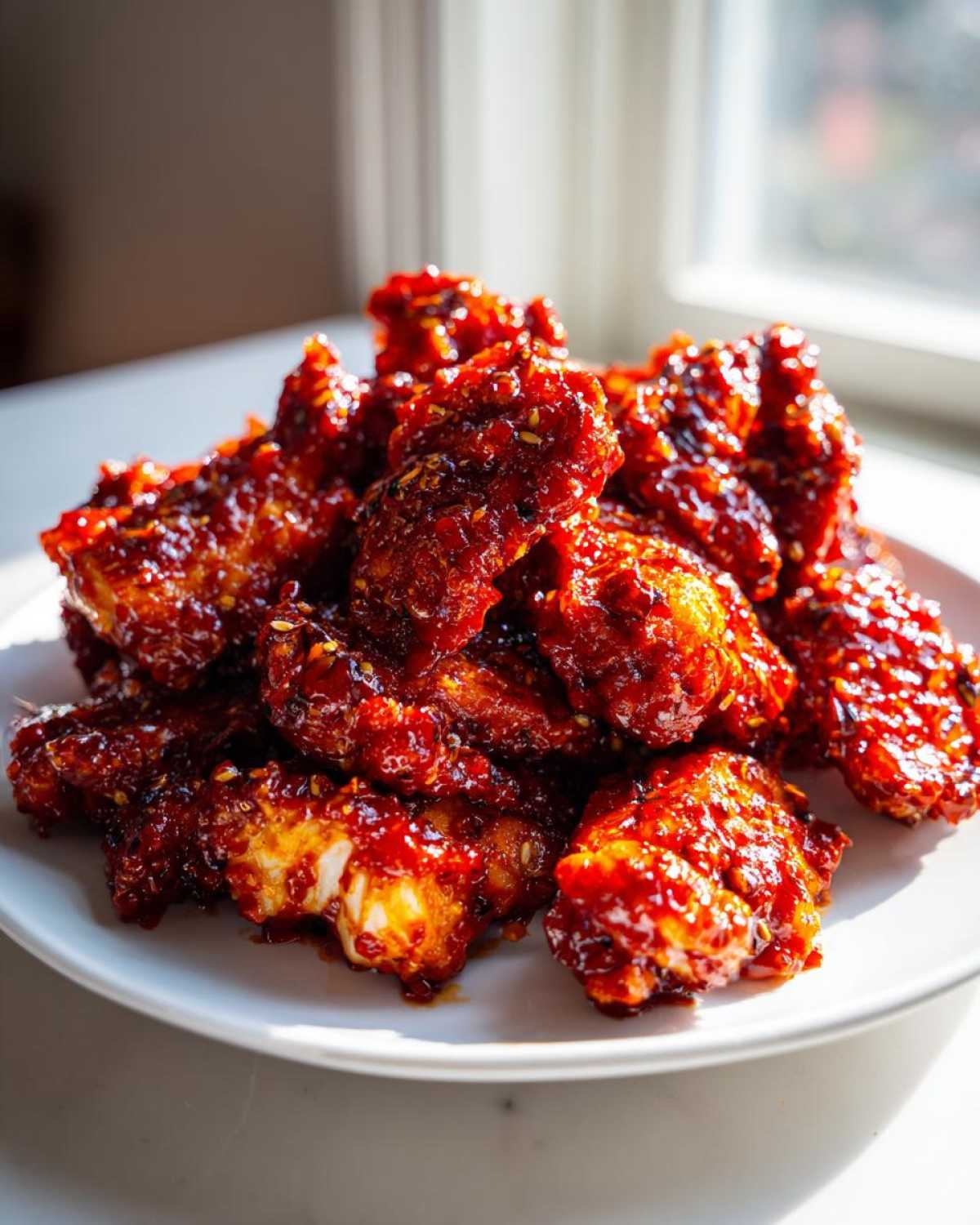 A pile of crispy, glazed gochujang chicken pieces glistening with a spicy red sauce on a white plate.