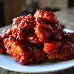 A pile of crispy chicken wings coated in a thick, glossy, red gochujang sauce, sprinkled with sesame seeds.