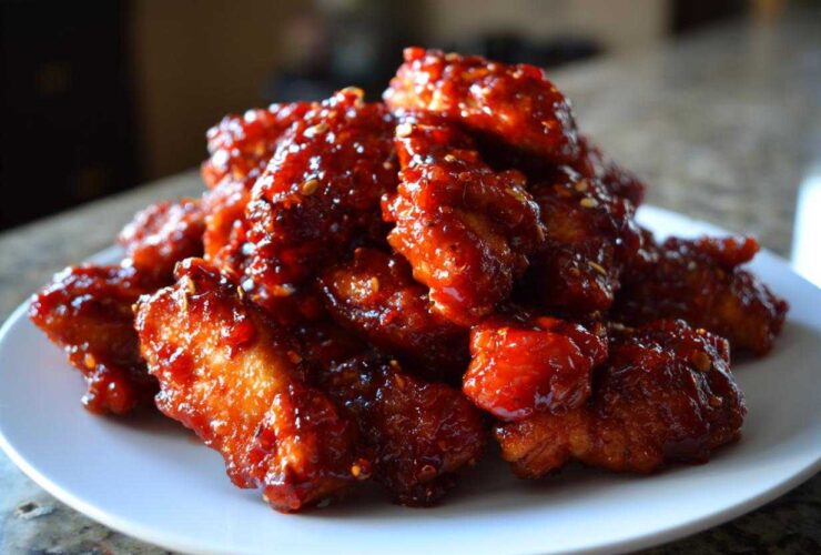 A pile of crispy chicken wings coated in a thick, glossy, red gochujang sauce, sprinkled with sesame seeds.