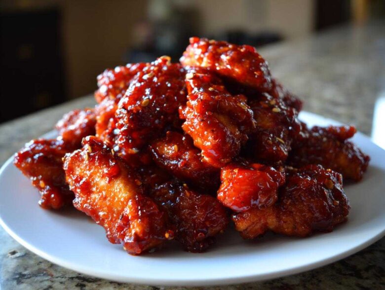 A pile of crispy chicken wings coated in a thick, glossy, red gochujang sauce, sprinkled with sesame seeds.