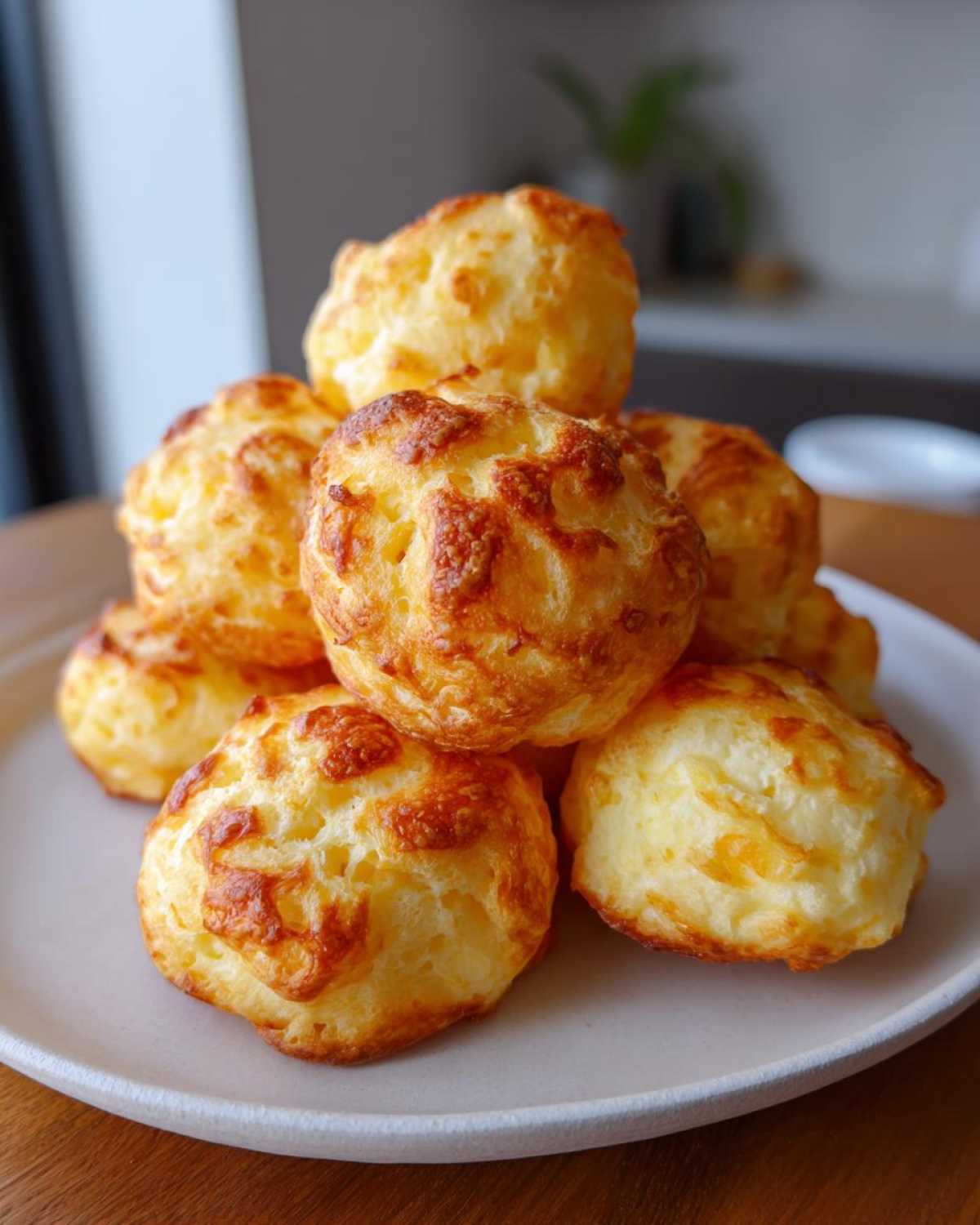 A stack of freshly baked, golden-brown brazilian cheese bread rolls on a light-colored plate.