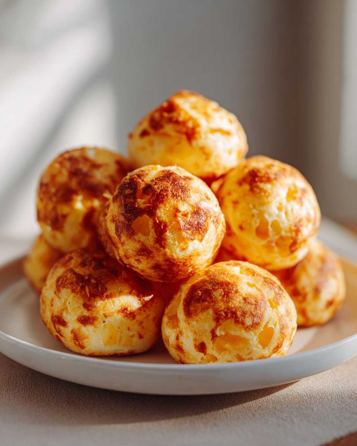 A stack of freshly baked, golden brown brazilian cheese bread puffs on a white plate.