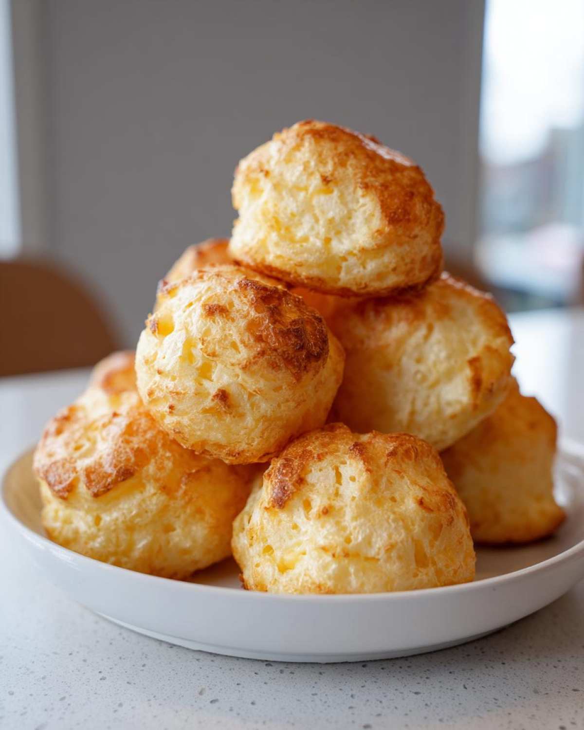 A tempting stack of freshly baked, golden-brown brazilian cheese bread puffs piled on a white plate.