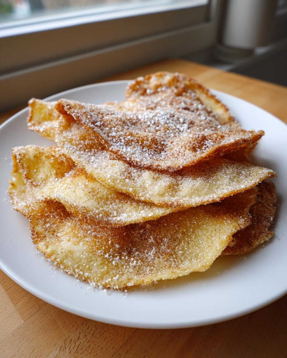 A stack of freshly fried buñuelos generously coated in cinnamon sugar, served on a white plate.
