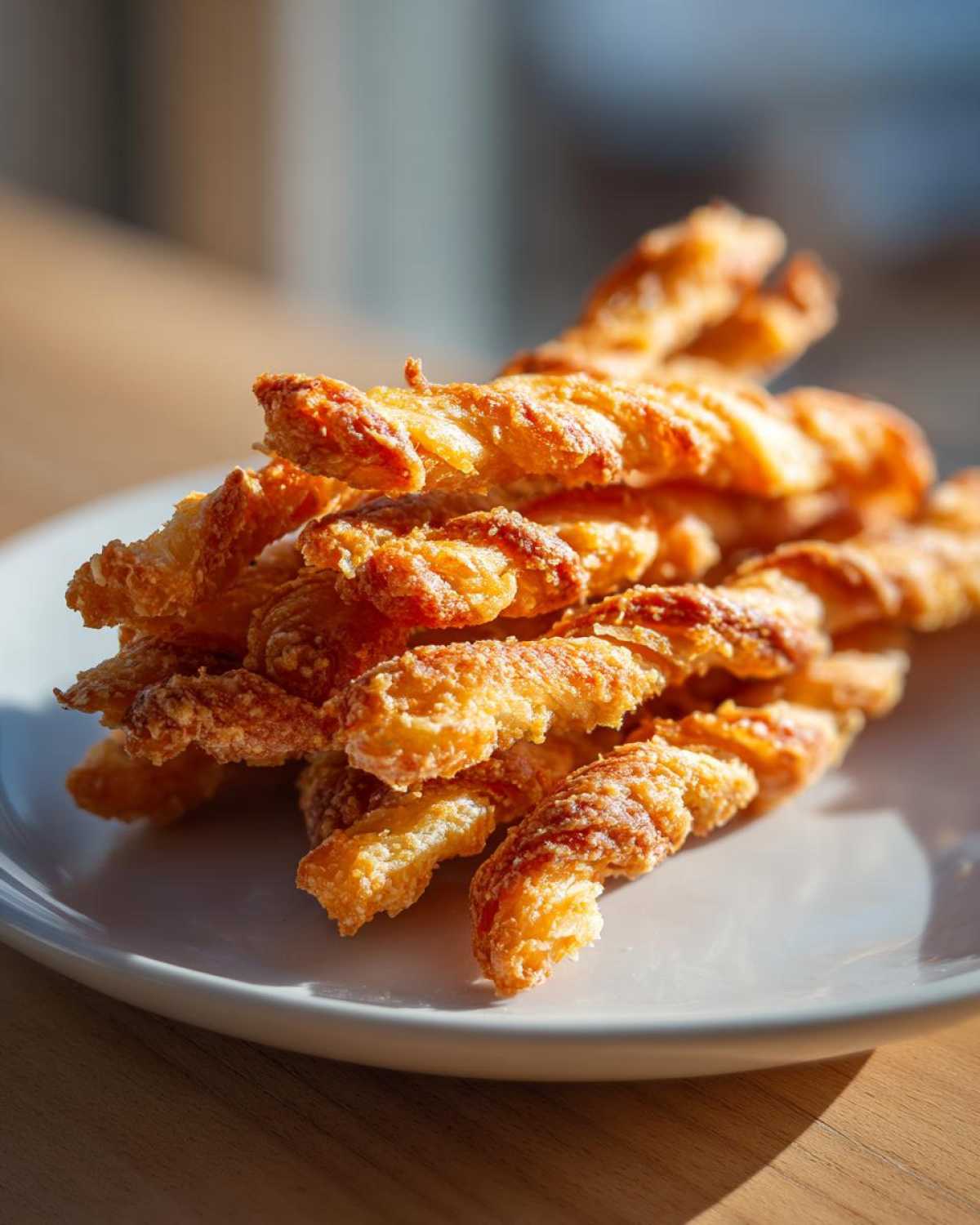 A stack of golden, flaky, baked cheese straws piled high on a white plate.