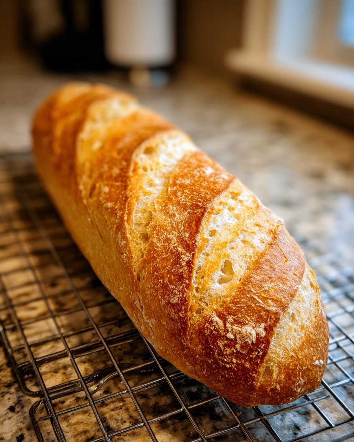 A freshly baked, golden-brown loaf of homemade french bread resting on a wire cooling rack.