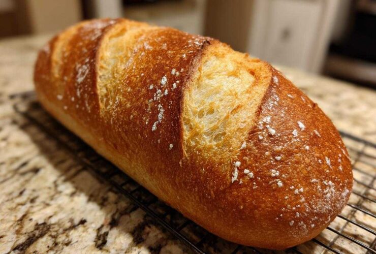 A golden-brown, freshly baked loaf of french bread with a crisp, scored crust resting on a black wire cooling rack.