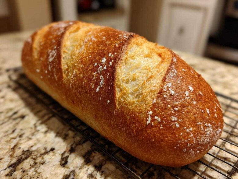 A golden-brown, freshly baked loaf of french bread with a crisp, scored crust resting on a black wire cooling rack.