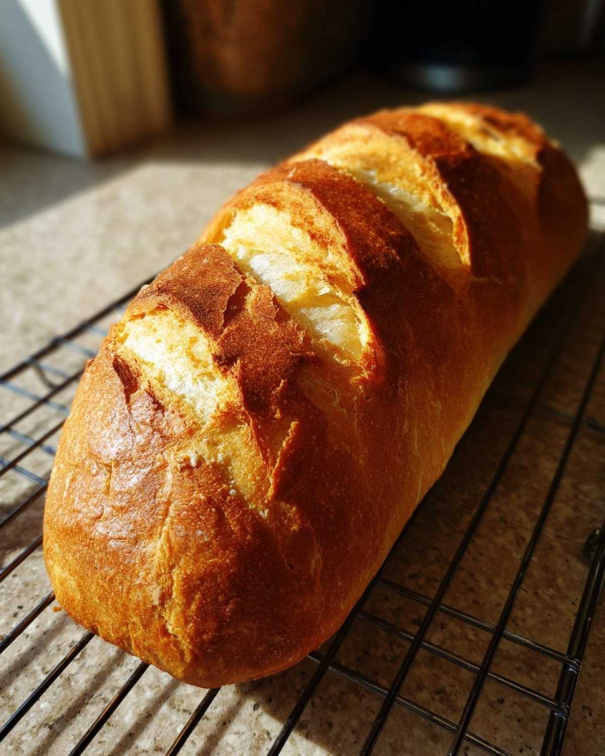 A freshly baked loaf of golden brown french bread cooling on a wire rack, showing deep slashes on the crust.
