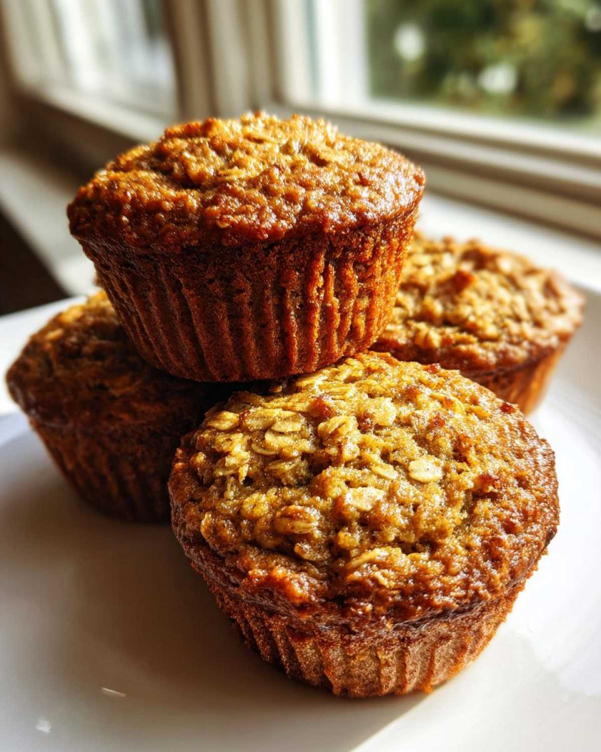A stack of four freshly baked, golden brown oatmeal muffins sitting on a white plate near a window.