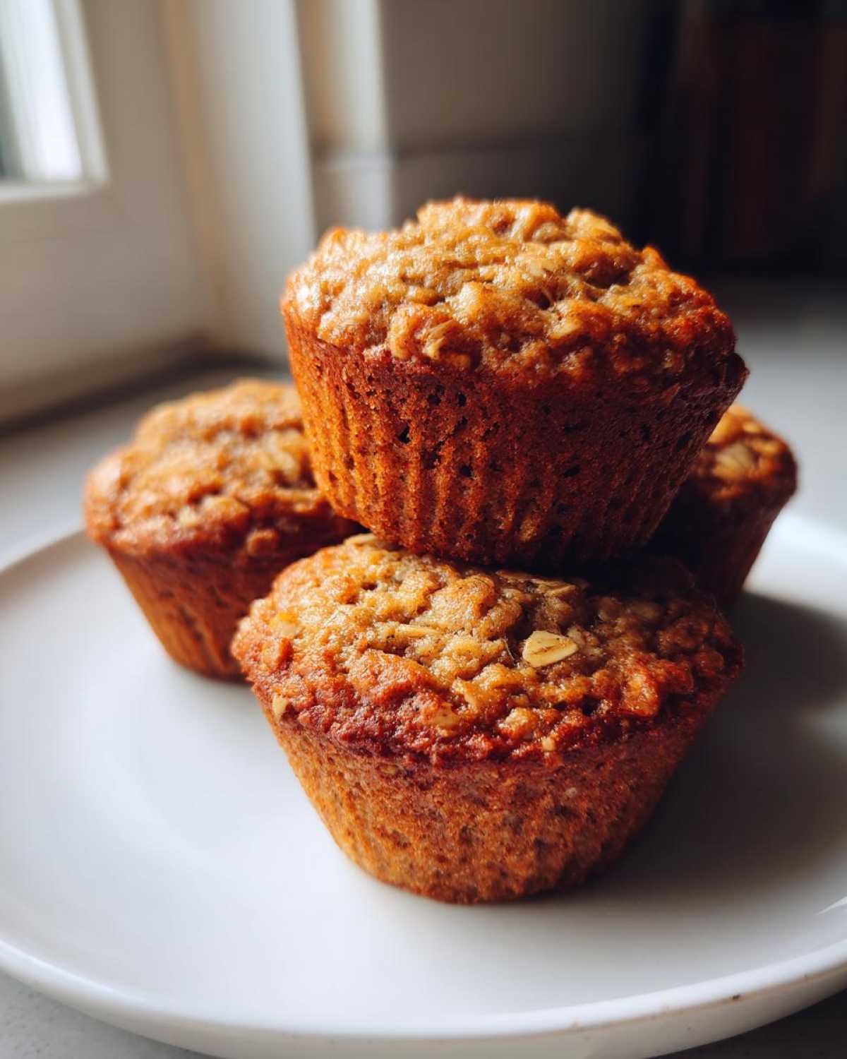 A stack of four freshly baked, golden brown oatmeal muffins resting on a white plate.