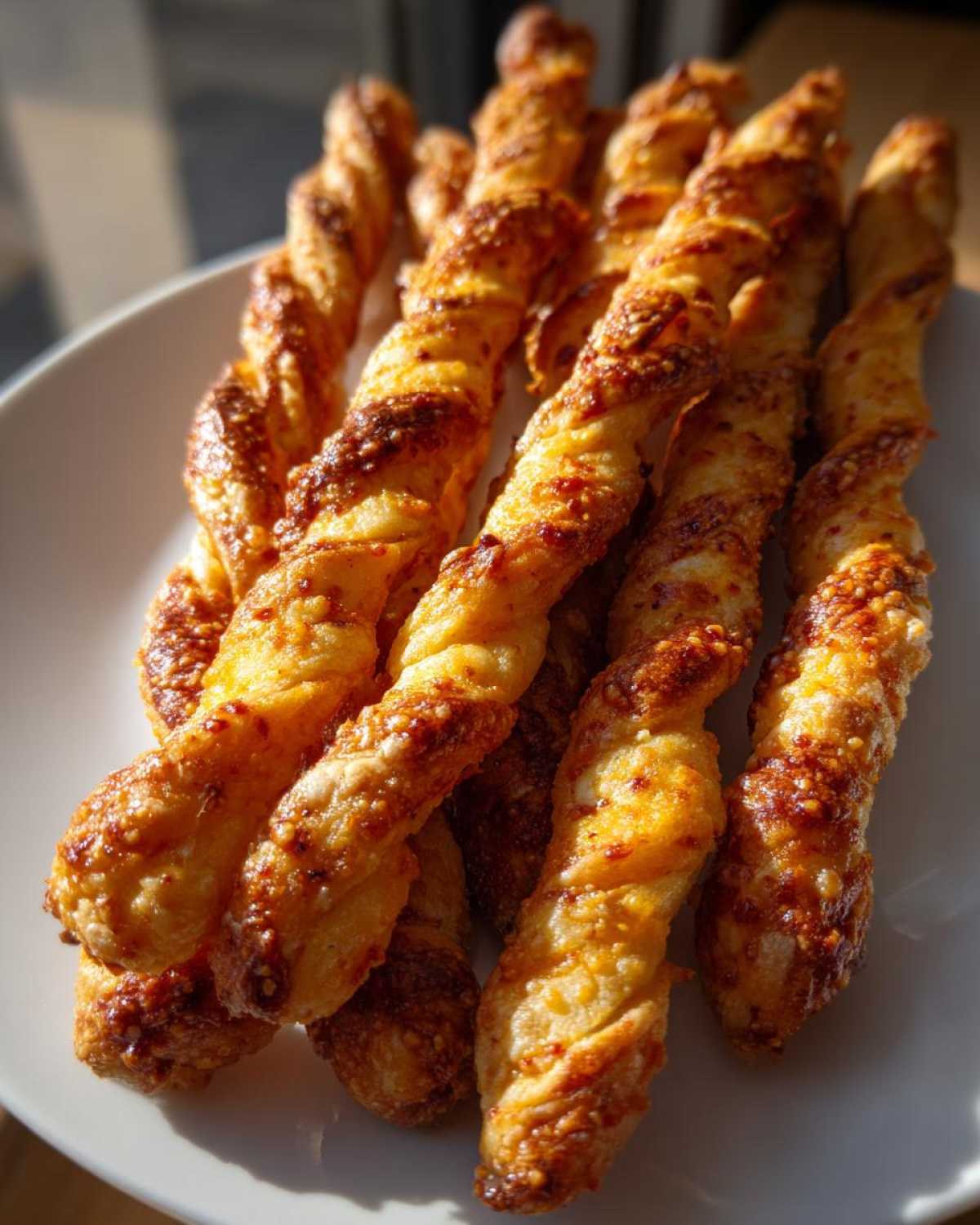 Close-up of several golden, twisted cheese straws recipe sticks piled on a white plate, catching the sunlight.