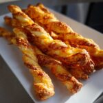 Close-up of several golden brown, flaky, twisted cheese straws recipe items on a white plate.