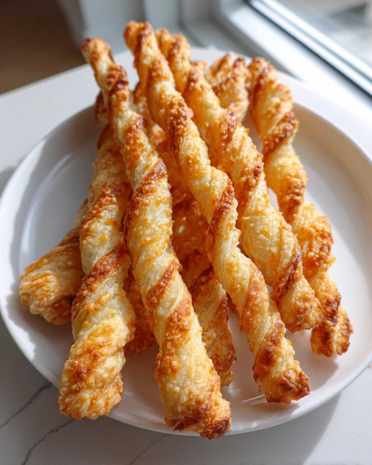 A pile of golden, flaky, twisted cheese straws recipe baked to perfection on a white plate.