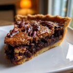 A close-up of a gooey slice of chocolate bourbon pecan pie on a white plate, showing a rich filling and pecan topping.