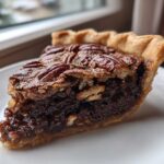 A close-up of a gooey slice of chocolate bourbon pecan pie on a white plate, showing the flaky crust and rich filling.