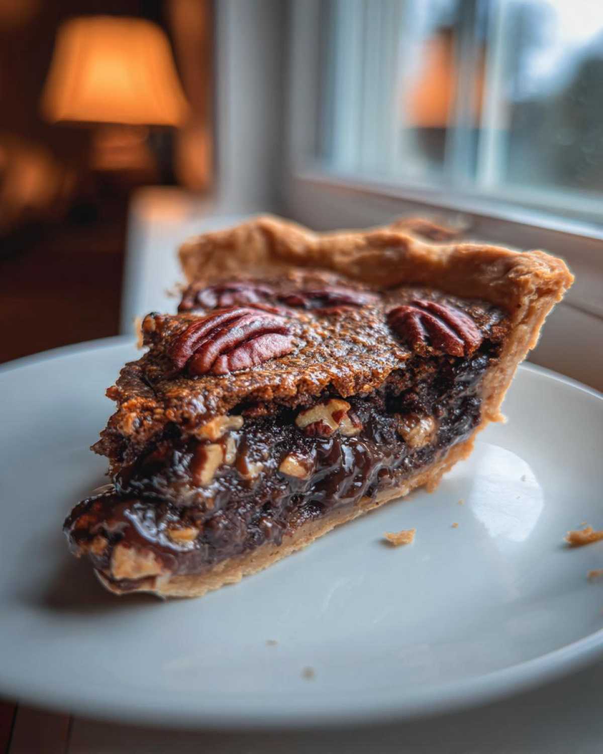 A close-up of a gooey slice of chocolate bourbon pecan pie on a white plate, backlit by a window.