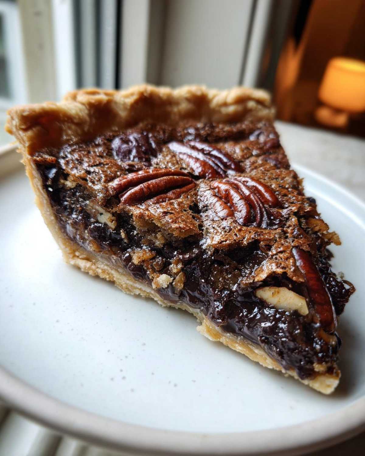 A close-up of a rich, gooey slice of chocolate bourbon pecan pie on a light speckled plate.