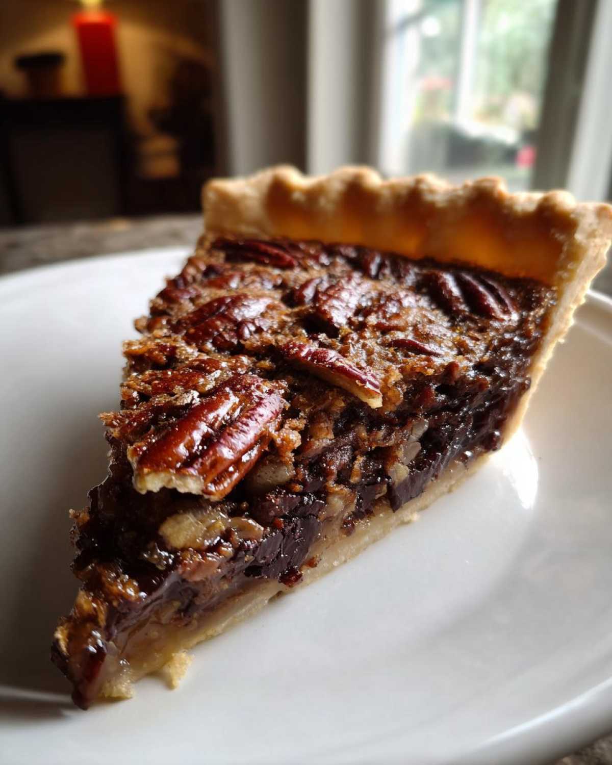 A close-up of a rich, gooey slice of chocolate bourbon pecan pie on a white plate.