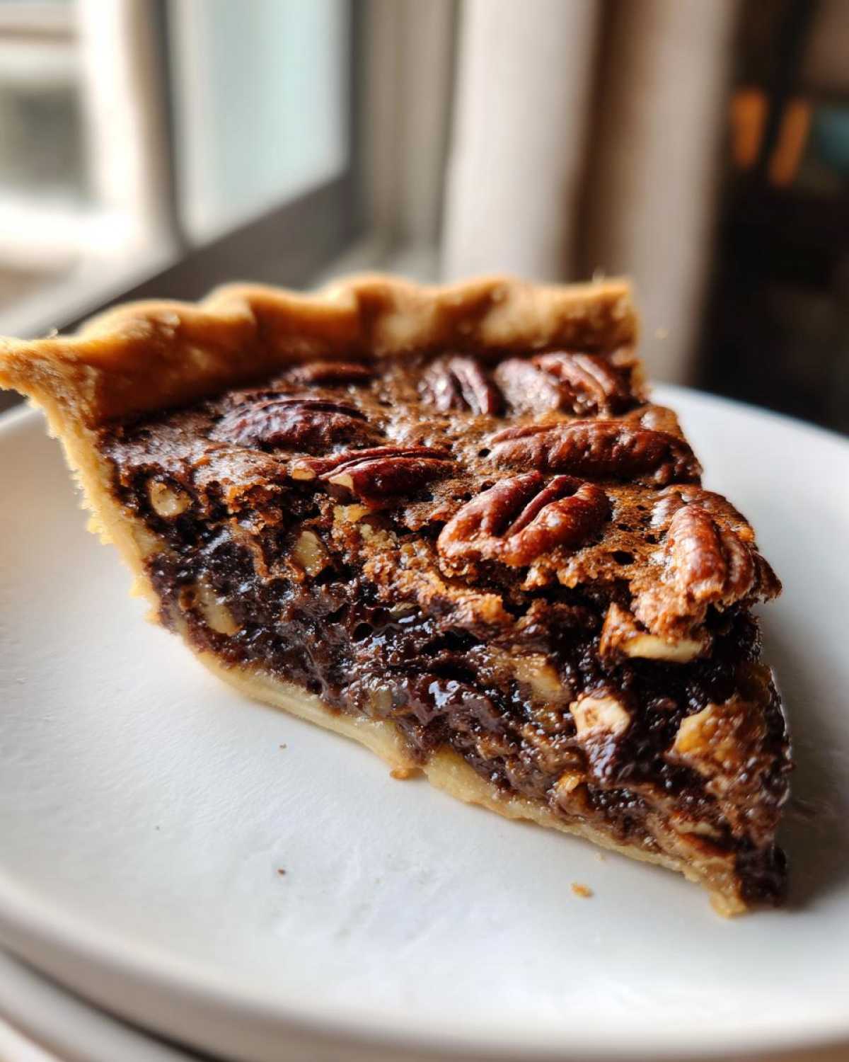 Close-up of a gooey slice of chocolate bourbon pecan pie showing the rich filling and whole pecans on top.