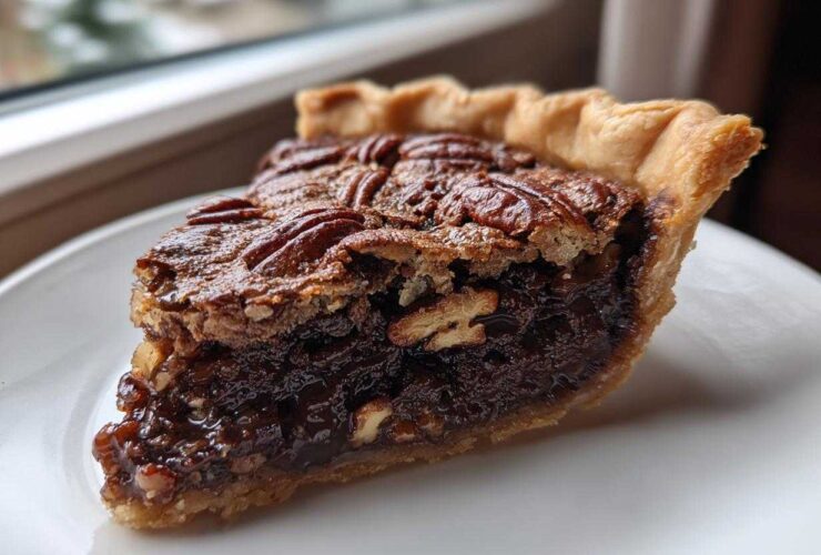 A close-up of a gooey slice of chocolate bourbon pecan pie on a white plate, showing the flaky crust and rich filling.