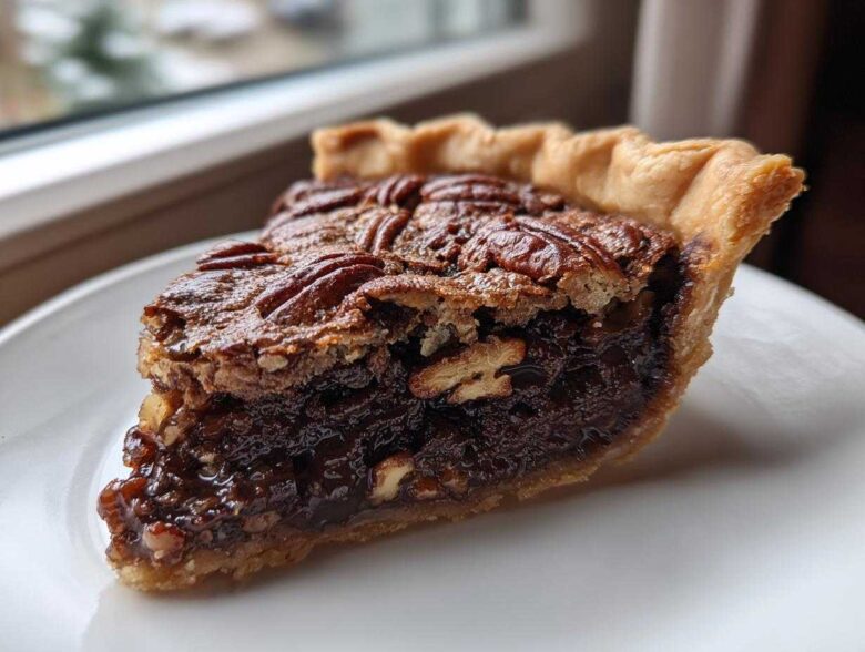 A close-up of a gooey slice of chocolate bourbon pecan pie on a white plate, showing the flaky crust and rich filling.
