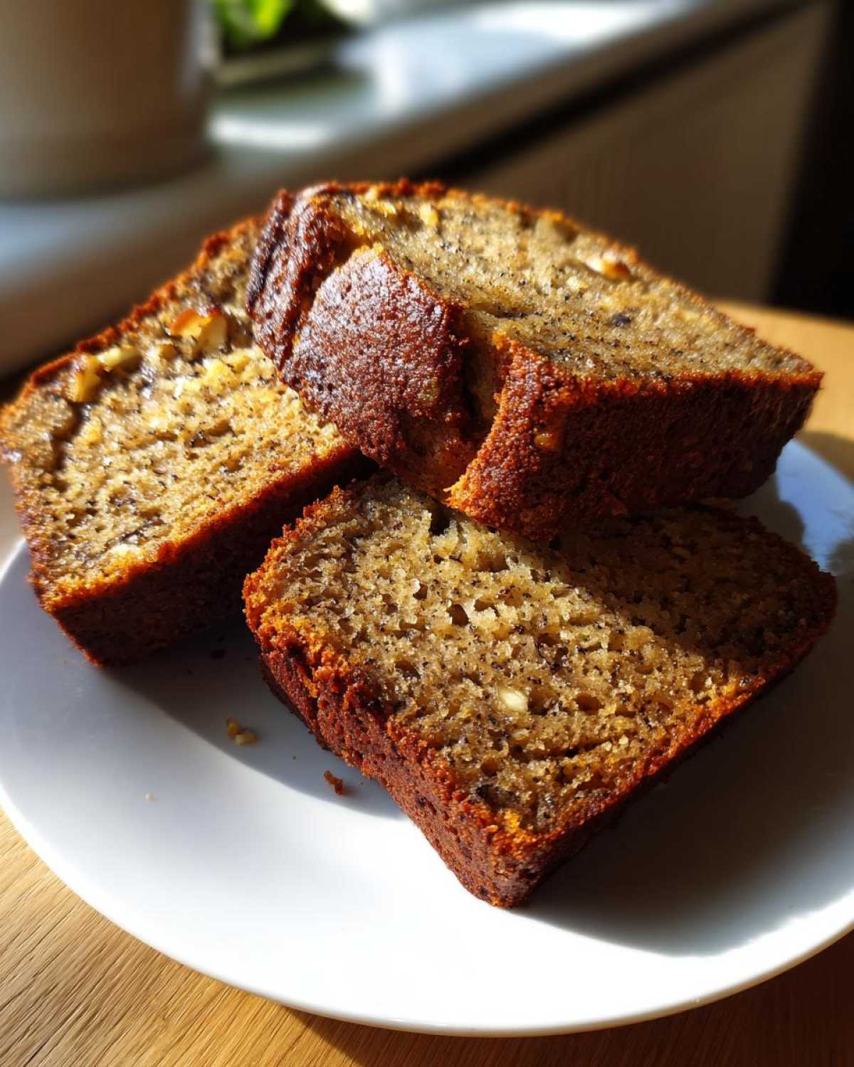 Three slices of moist greek yogurt banana bread stacked on a white plate, illuminated by bright sunlight.
