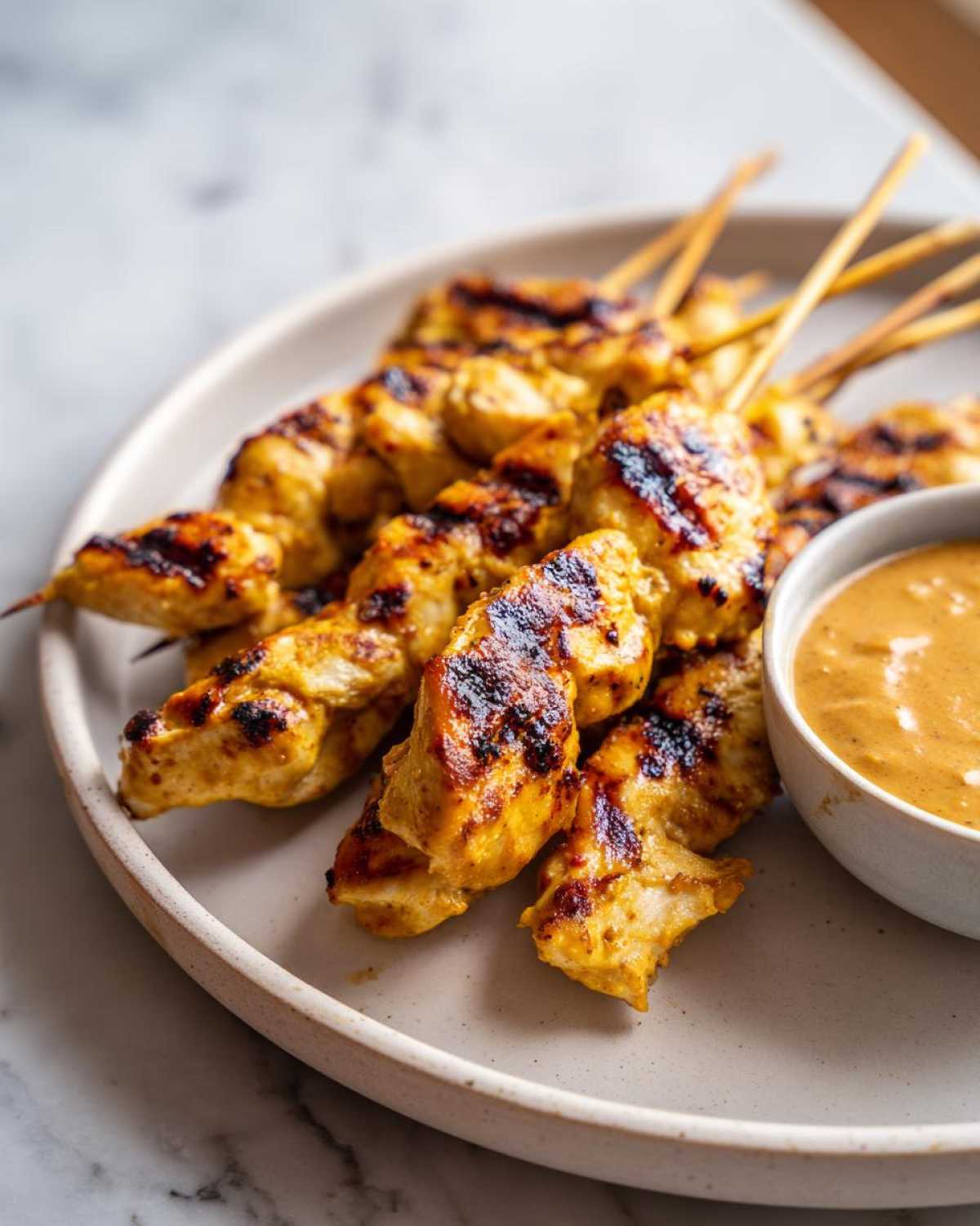 Close-up of grilled chicken satay skewers served on a plate next to a small bowl of creamy peanut sauce.