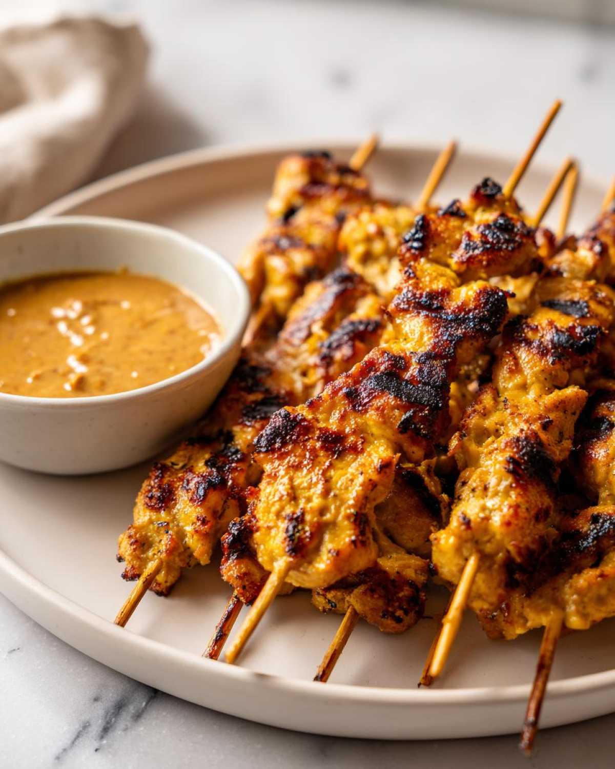 Close-up of perfectly grilled chicken satay skewers served with a side of creamy peanut dipping sauce.