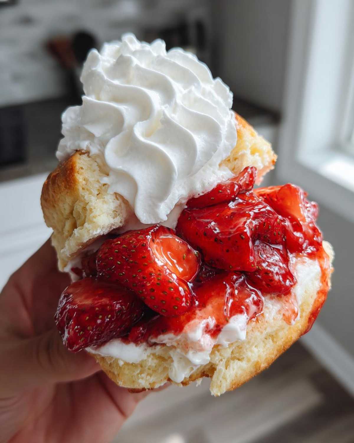 A person holding a delicious, layered strawberry shortcake filled with macerated strawberries and topped with a swirl of whipped cream.