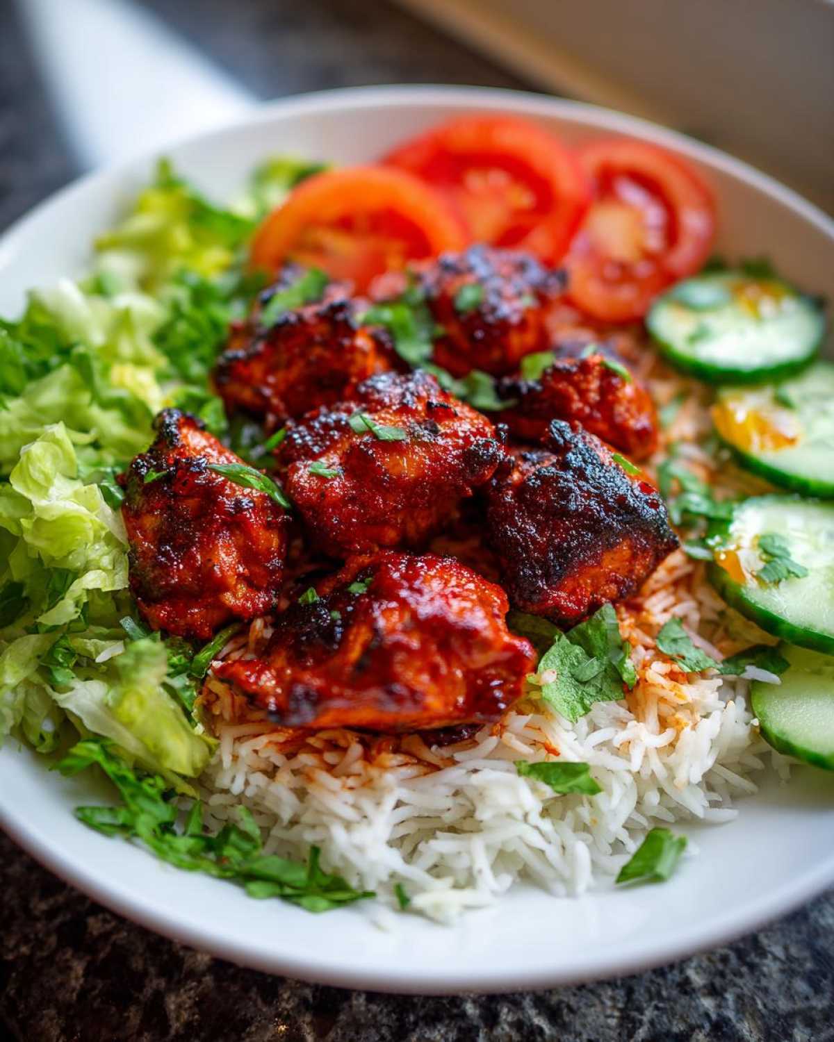 Close-up of a bowl featuring spicy harissa chicken pieces served over white rice with fresh lettuce, sliced tomatoes, and cucumbers.