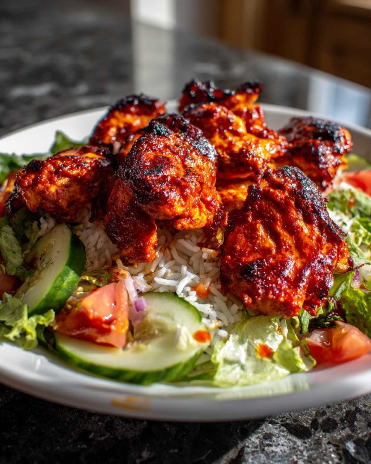 Close-up of a bowl featuring charred, bright red harissa chicken served over white rice with fresh lettuce, cucumber slices, and tomato.