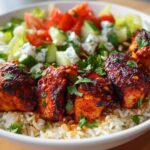 Close-up of a white bowl filled with fluffy rice topped with glazed, spicy harissa chicken pieces and fresh salad.