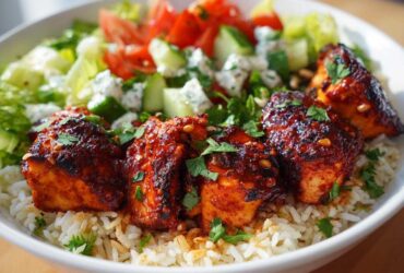 Close-up of a white bowl filled with fluffy rice topped with glazed, spicy harissa chicken pieces and fresh salad.