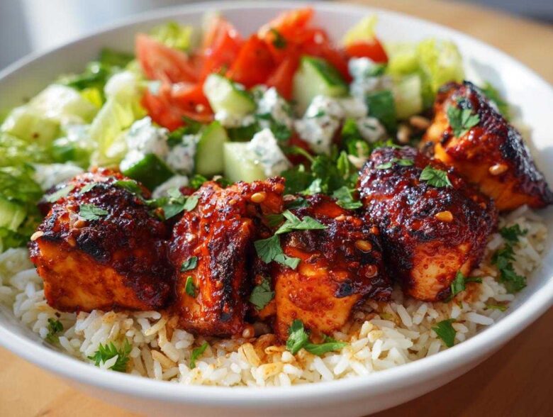 Close-up of a white bowl filled with fluffy rice topped with glazed, spicy harissa chicken pieces and fresh salad.