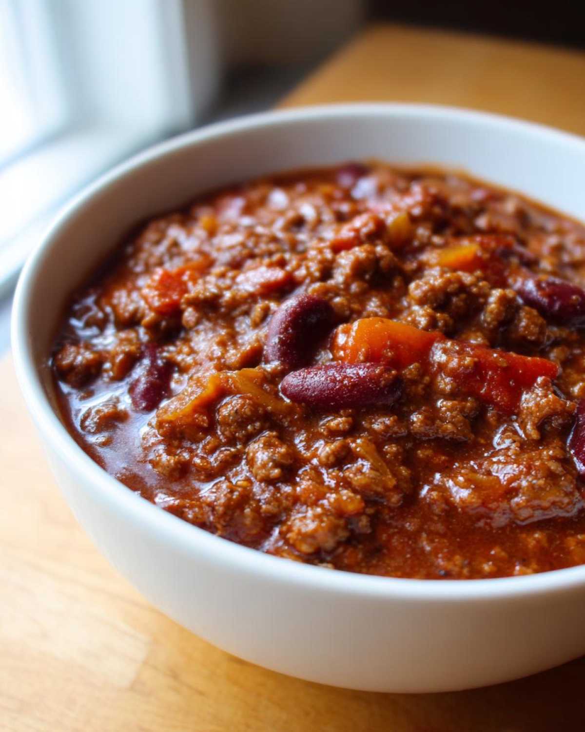 Close-up of a white bowl filled with rich, thick, hearty chili featuring ground meat and kidney beans.