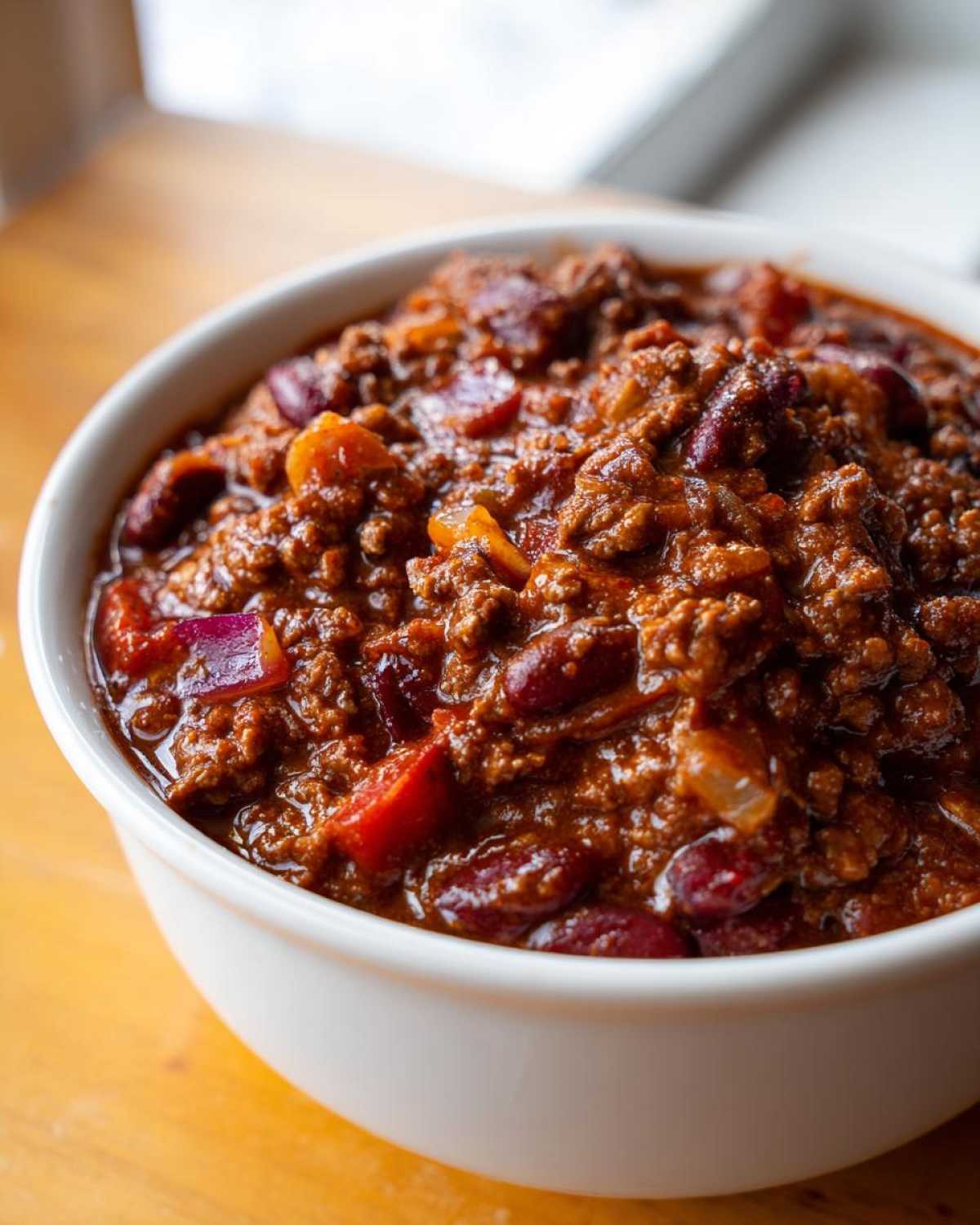 Close-up of a white bowl filled with thick, rich, homemade chili featuring ground meat and kidney beans.