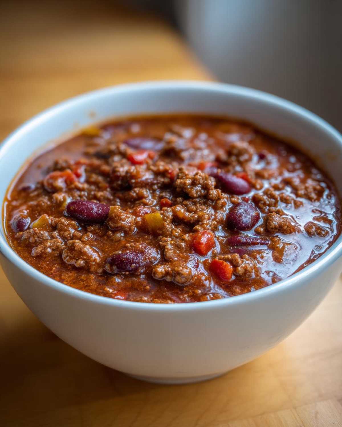 Close-up of a white bowl filled with hearty chili featuring ground meat and kidney beans.