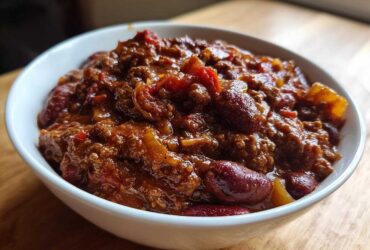 Close-up of a white bowl filled with rich, hearty chili featuring ground meat and kidney beans.
