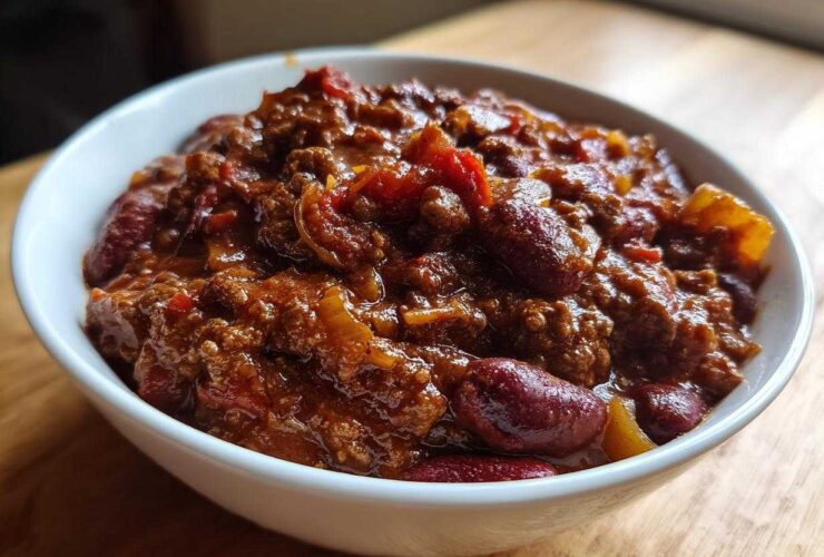 Close-up of a white bowl filled with rich, hearty chili featuring ground meat and kidney beans.